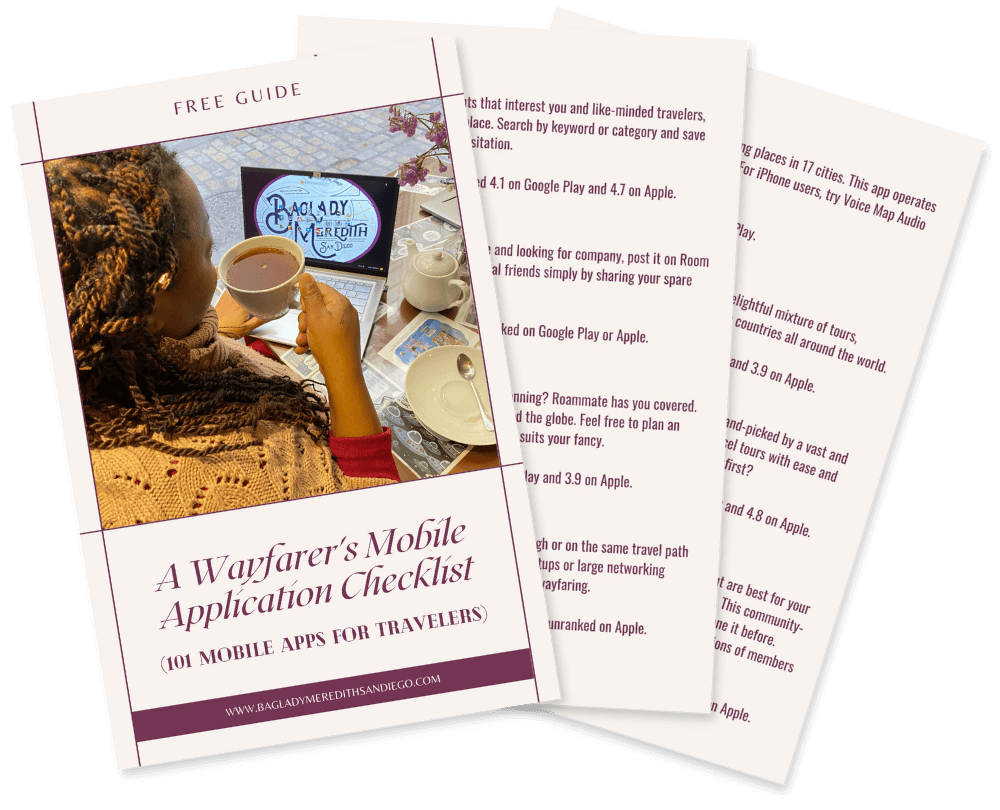 A Wayfarers Mobile Application Checklist mockup of 3 pages with Meredith having a hot drink and working on her laptop in the background