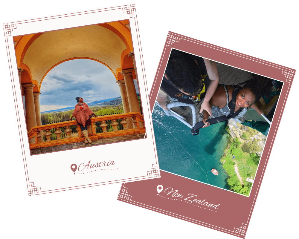 polaroid photos of meredith leaning on a balcony edge with beautiful landscape in background in austria and meredith harnessed up in new zealand