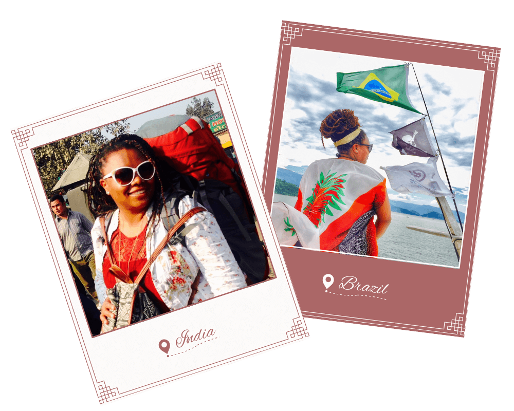 polaroid photos of meredith backpacking in india and looking out to see with flags beside her on a pole in brazil